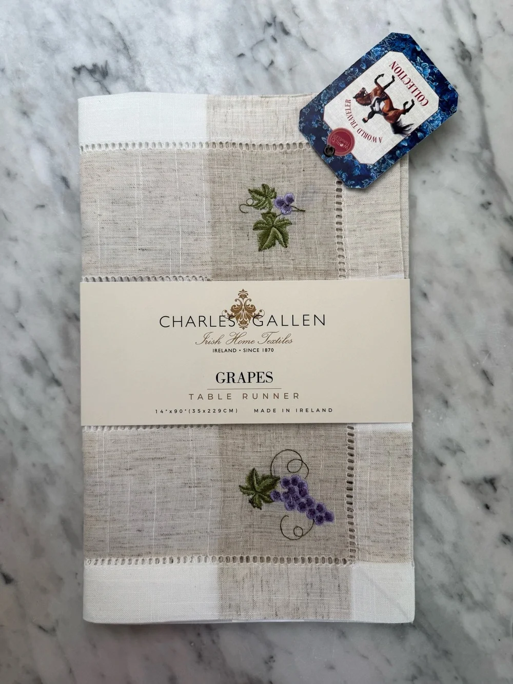 Charles Gallen Irish Textiles Table Runner with Grapes embroidered 14”x 90” NWT